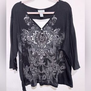 Liz & Me Black and Gray Ornate Blouse